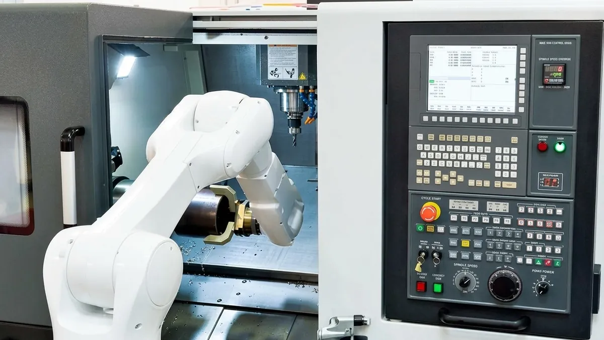 Robô carregando peça em torno CNC ao lado do painel de comando da máquina